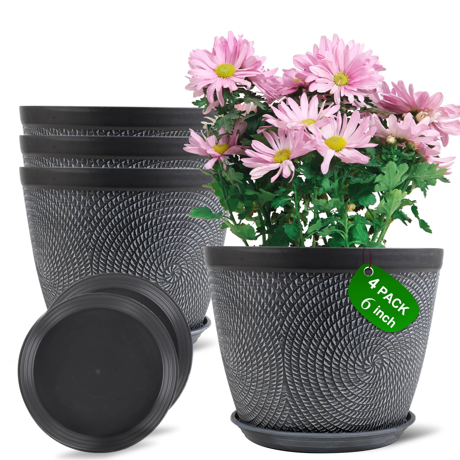 Quarut 6 Inch Grey Flower Pot with Drainage Tray front view