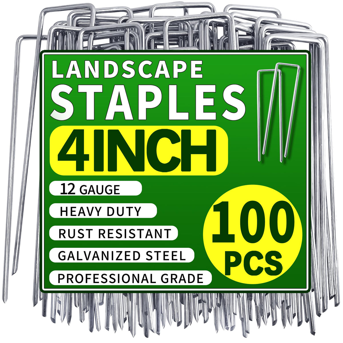Qucuky 100 Pack Landscape Staples 4 Inch silver garden stakes front view