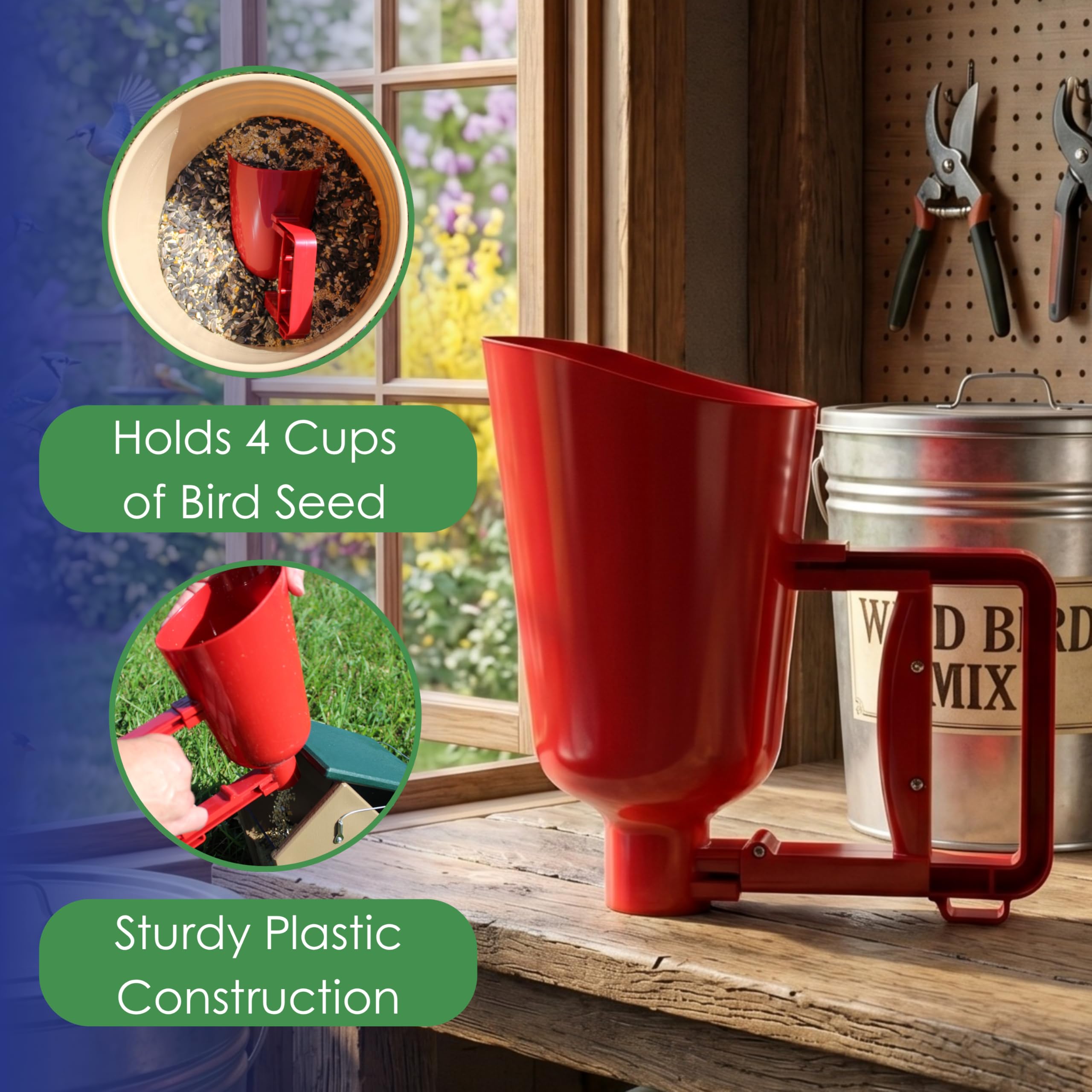 Quick release mechanism of Backyard Essentials Bird Seed Scoop
