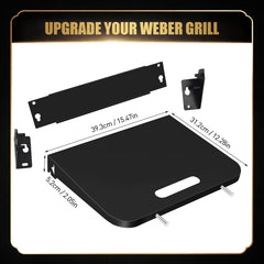 QuliMetal Foldable Side Shelf for Weber Searwood 600, side view.