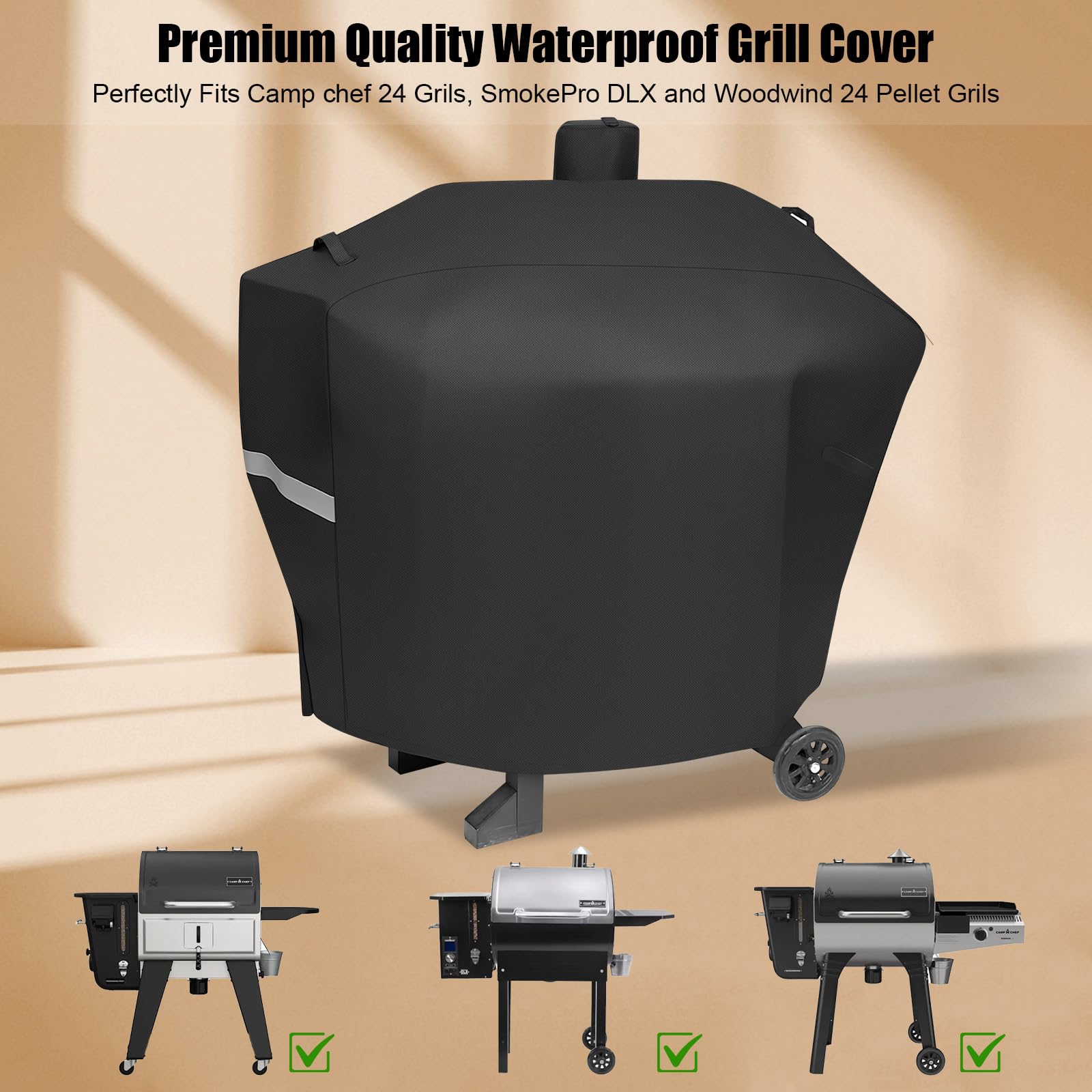 QuliMetal grill cover showing Velcro straps and reflective tapes