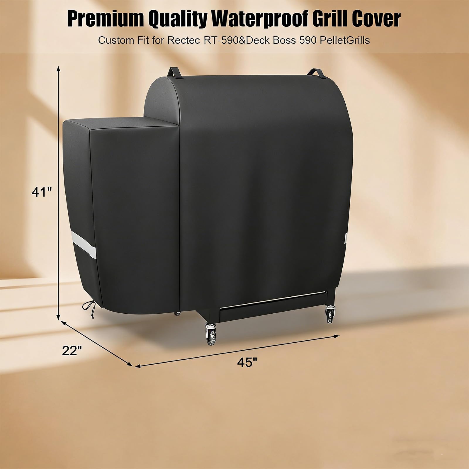 QuliMetal grill cover with elastic drawstrings, side view