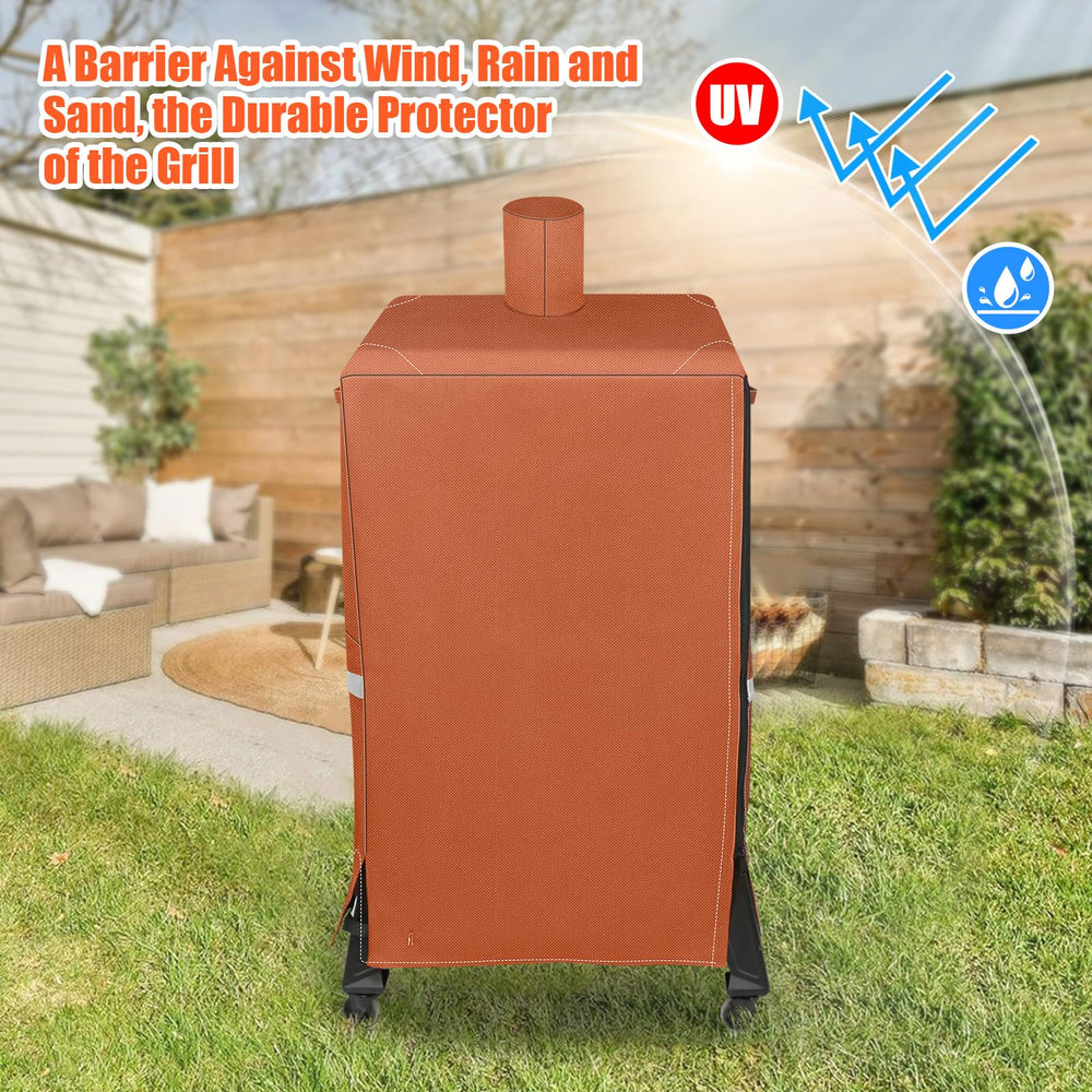 QuliMetal Vertical Smoker Cover neatly stored with hanging loop