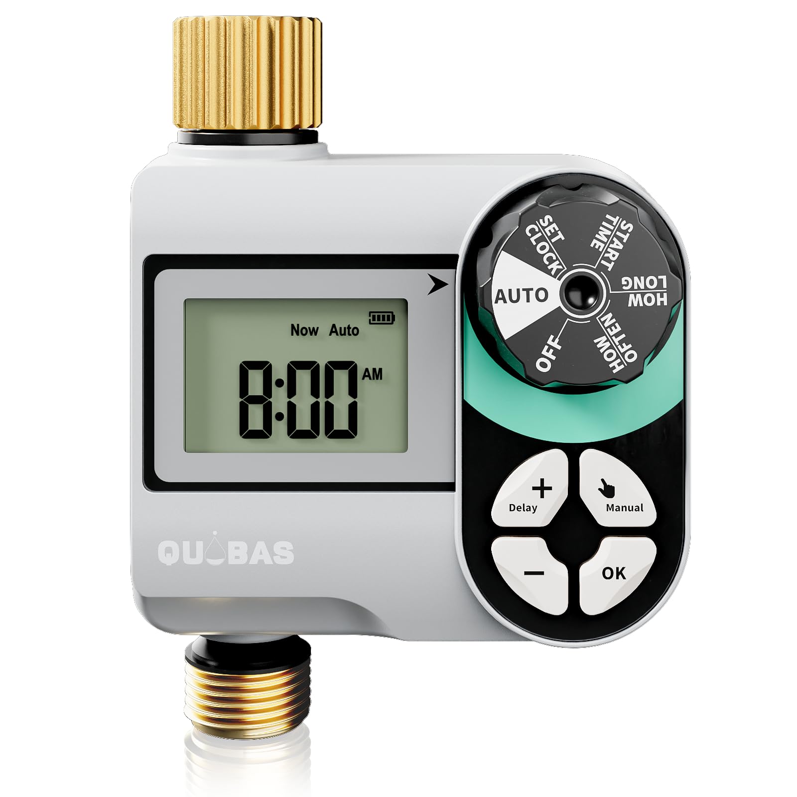QUOBAS Brass Sprinkler Timer front view with large LCD screen