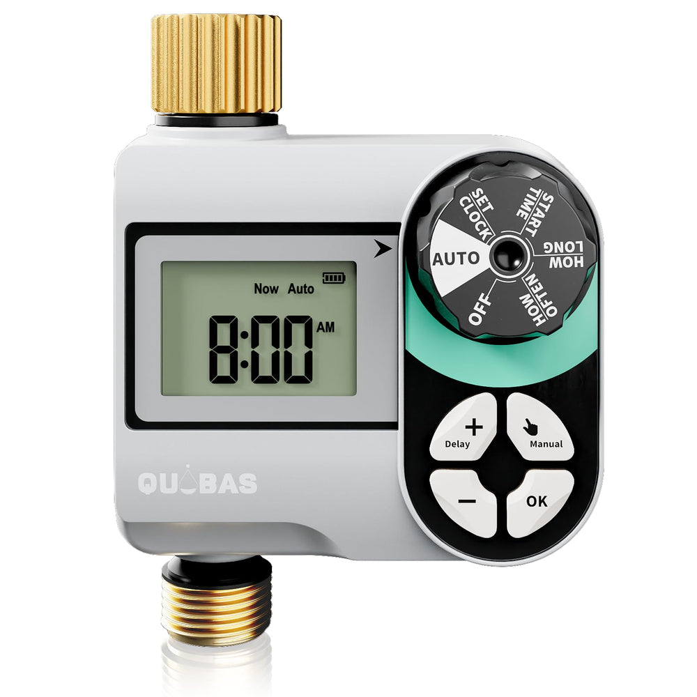 QUOBAS Brass Sprinkler Timer front view with large LCD screen