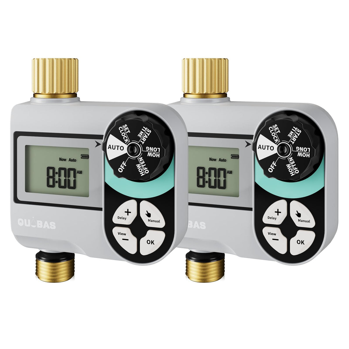 QUOBAS Brass Sprinkler Timer front view with LCD display