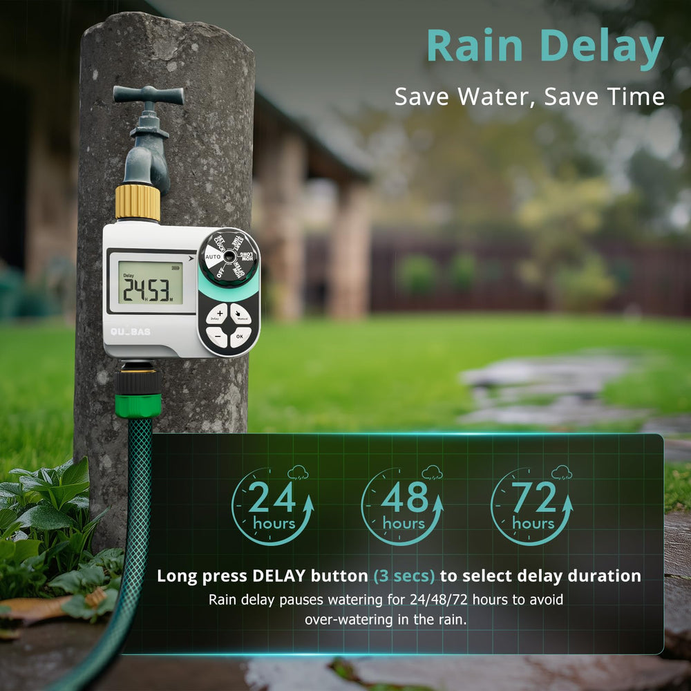 QUOBAS Brass Sprinkler Timer in garden setting