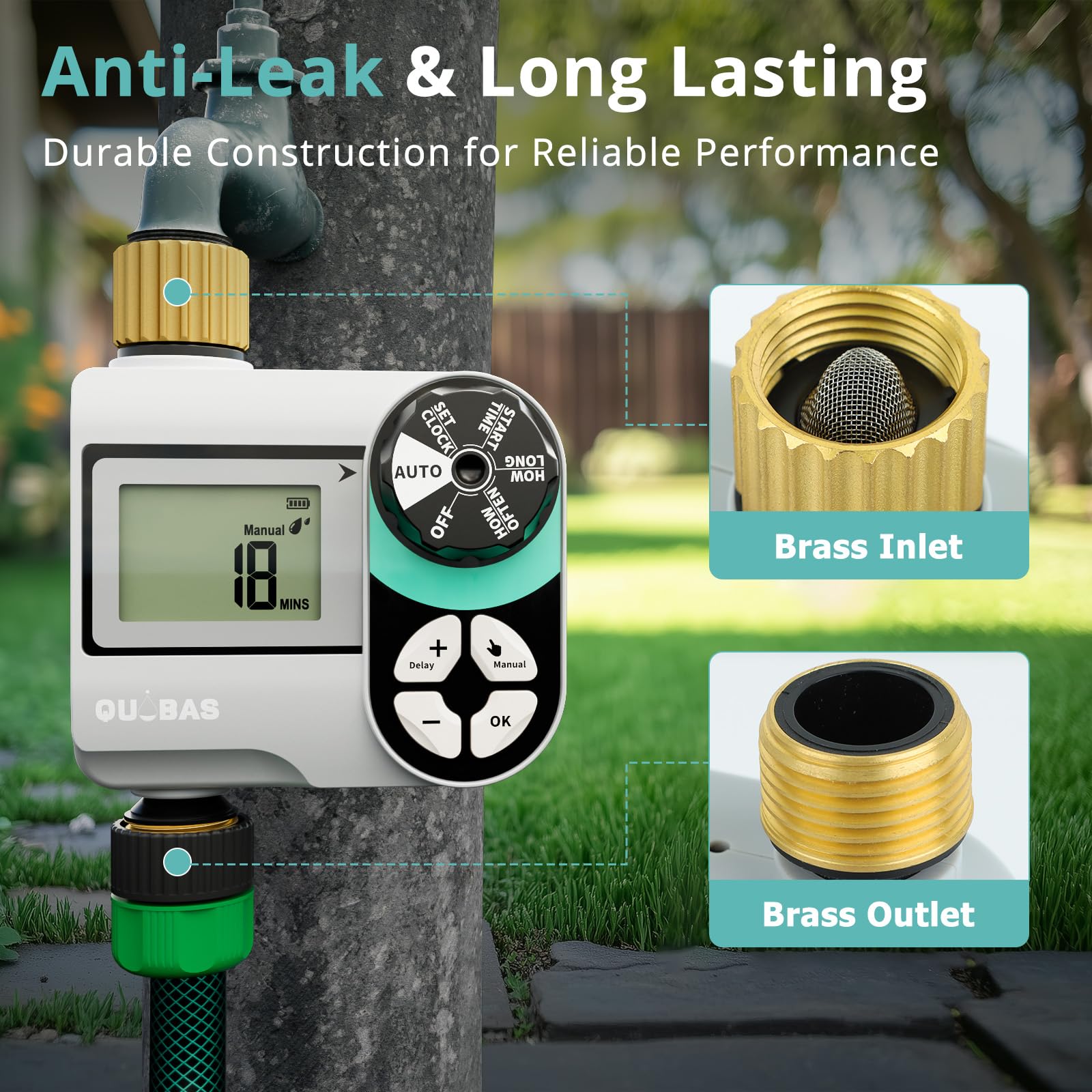 QUOBAS Brass Sprinkler Timer showing waterproof display