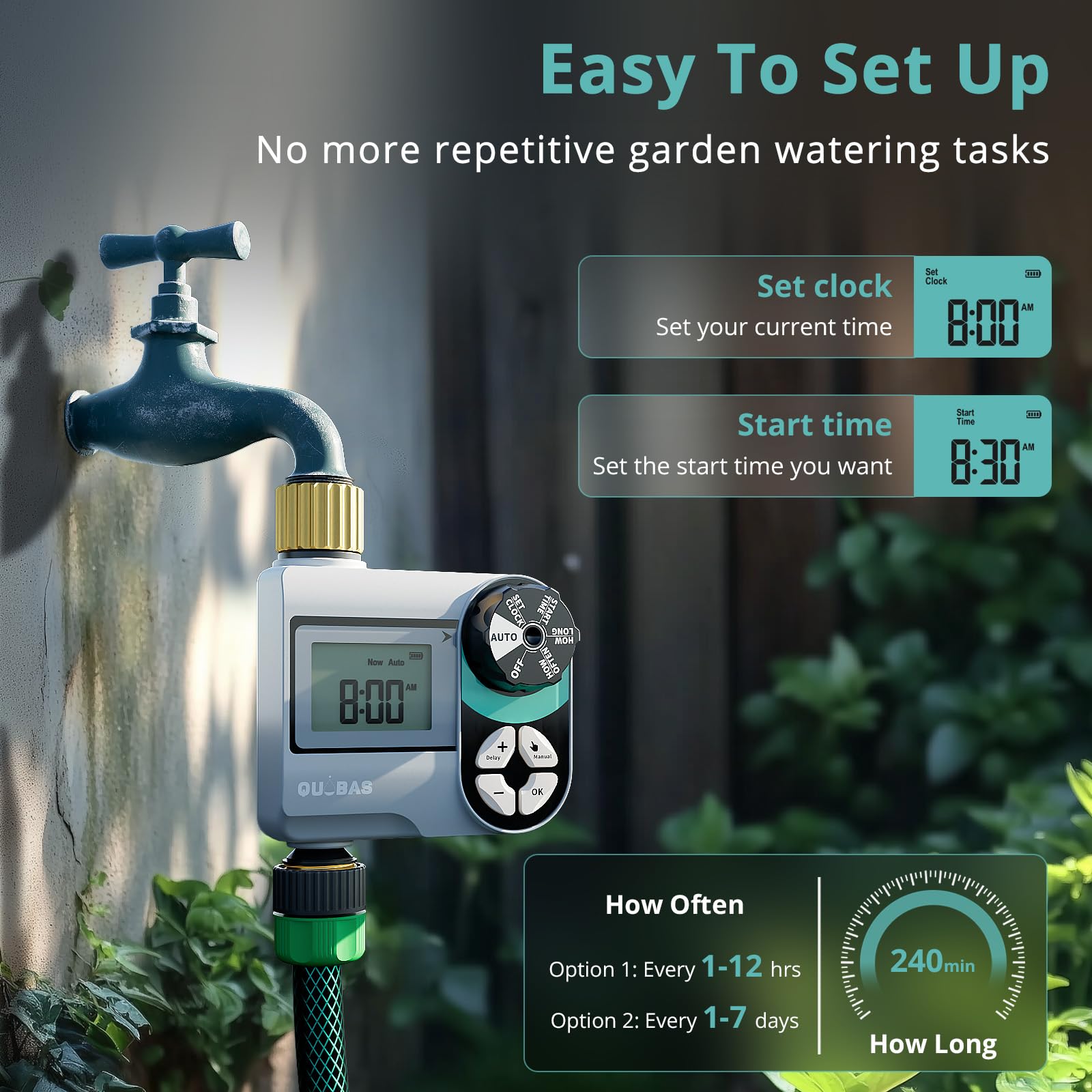 QUOBAS Brass Sprinkler Timer side view showcasing 3/4 inch thread