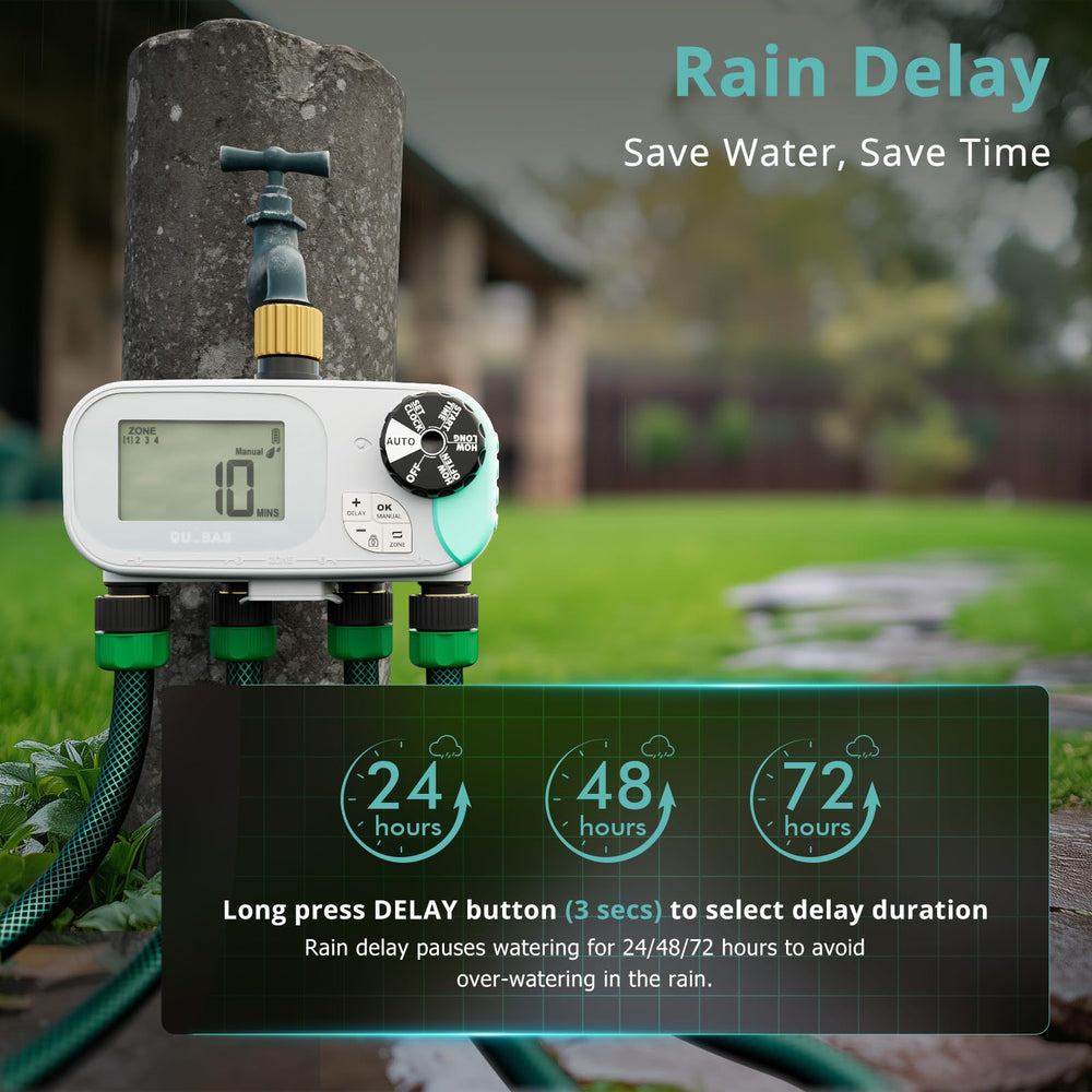 QUOBAS Sprinkler Timer displayed with garden hose connection