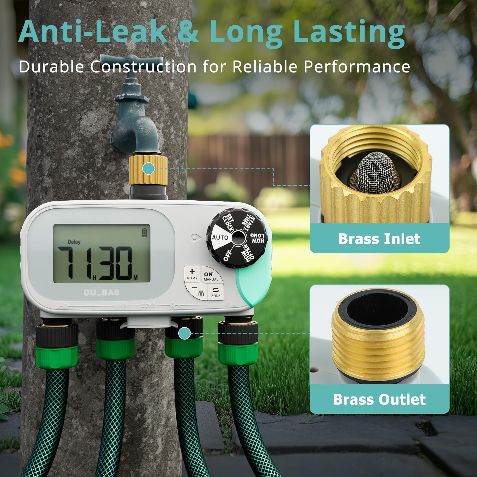 QUOBAS Sprinkler Timer with child lock feature highlighted