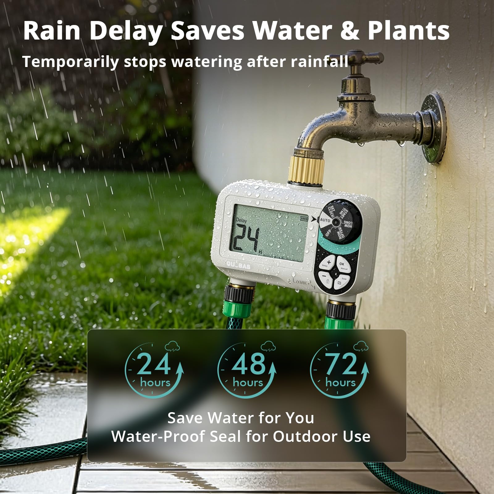 QUOBAS Water Timer next to a hose and sprinkler
