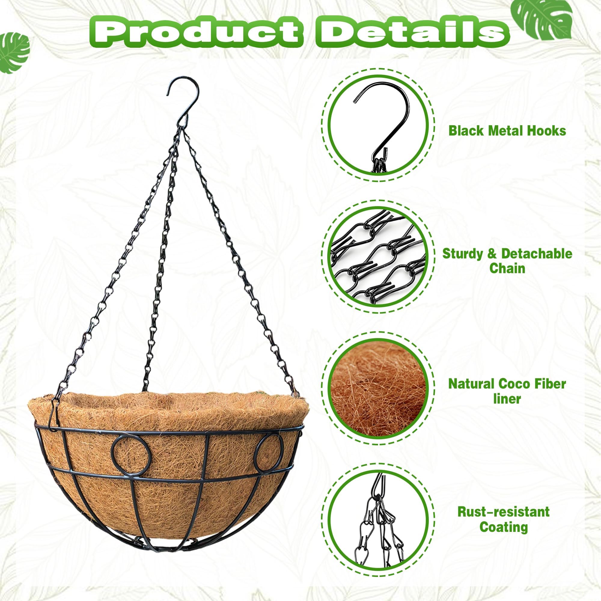 Qusuxi 12 Inch Metal Hanging Basket close-up of coco liner