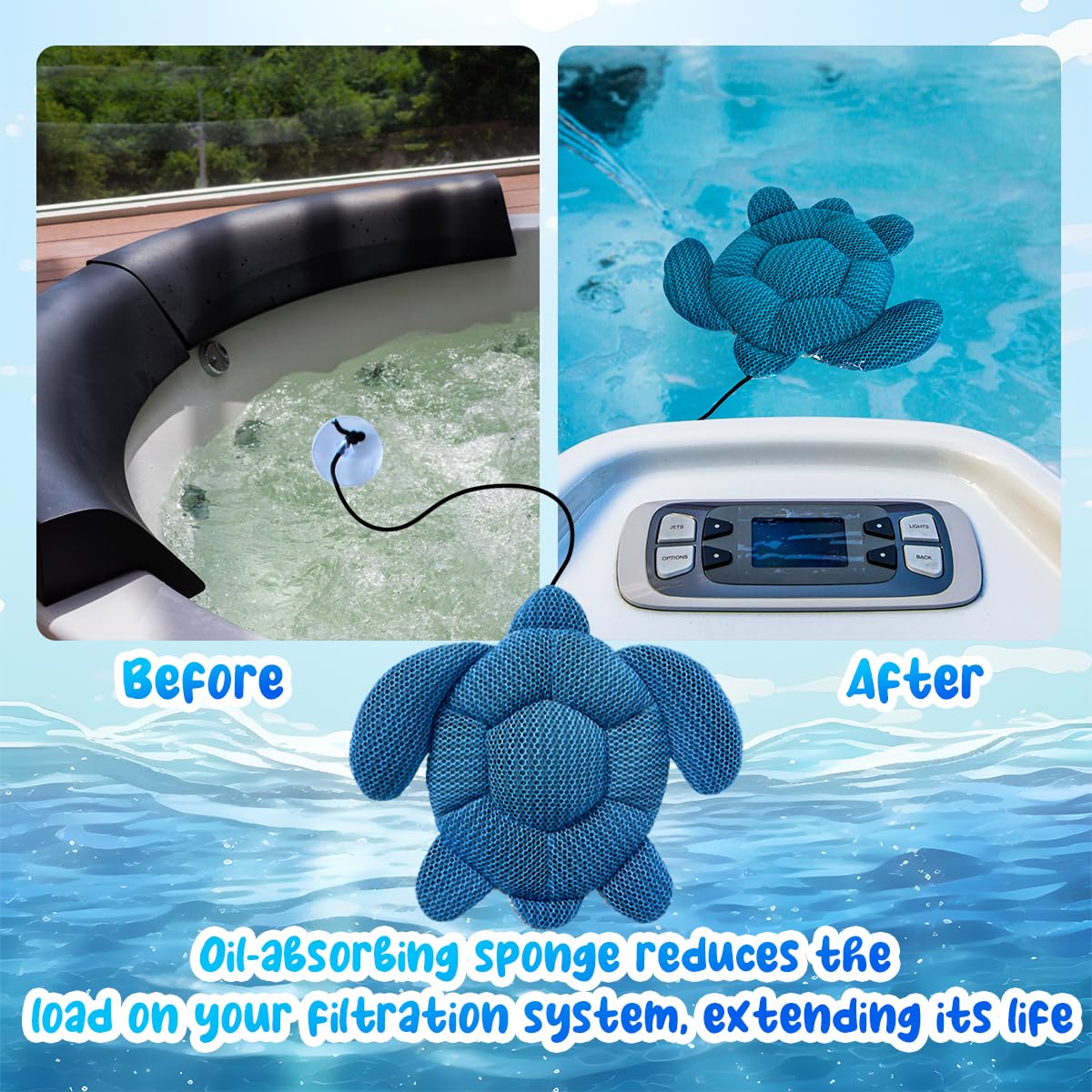 Quttisay Turtle Scum Absorber beside hot tub essentials