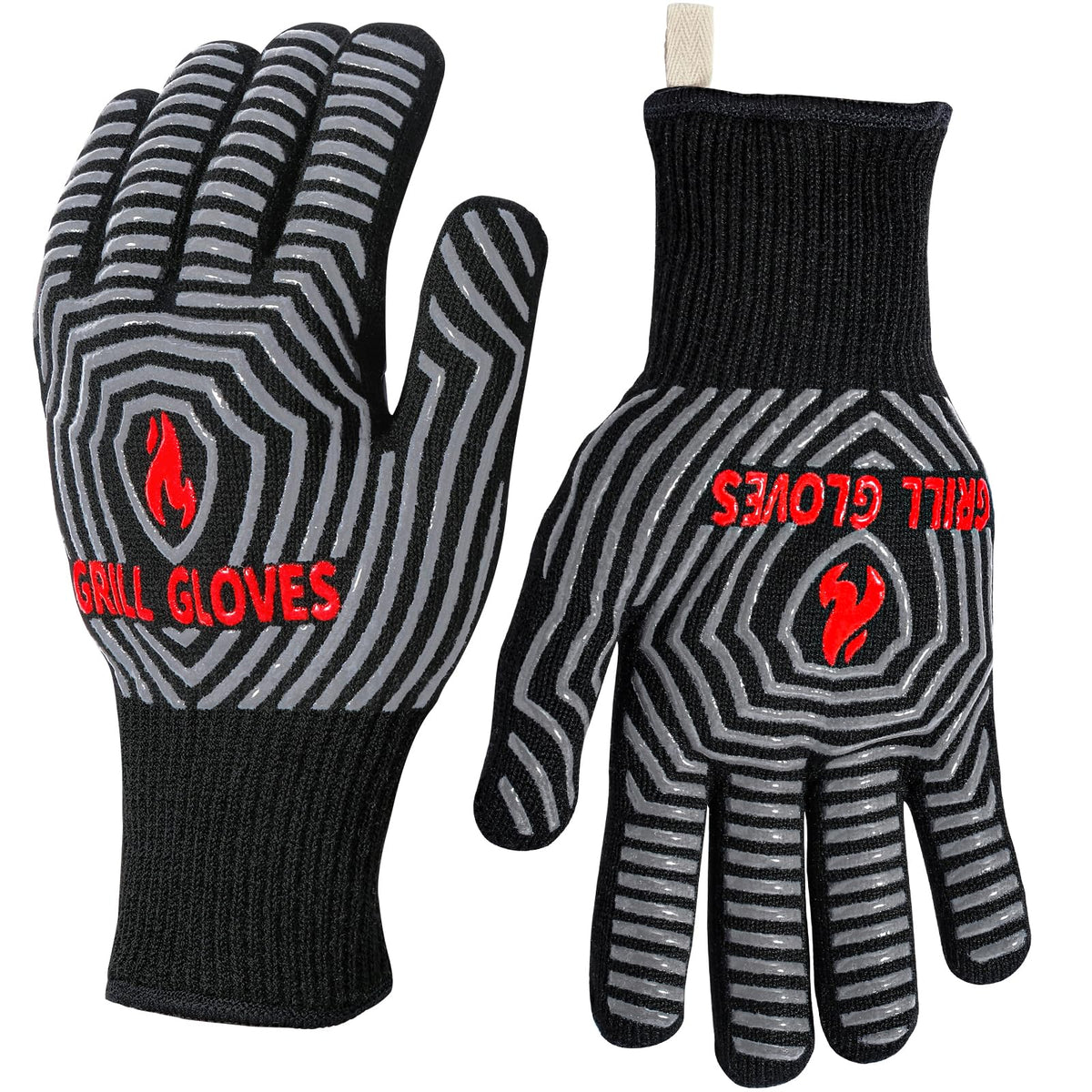 QUWIN BBQ Gloves front view, black with silicone grip