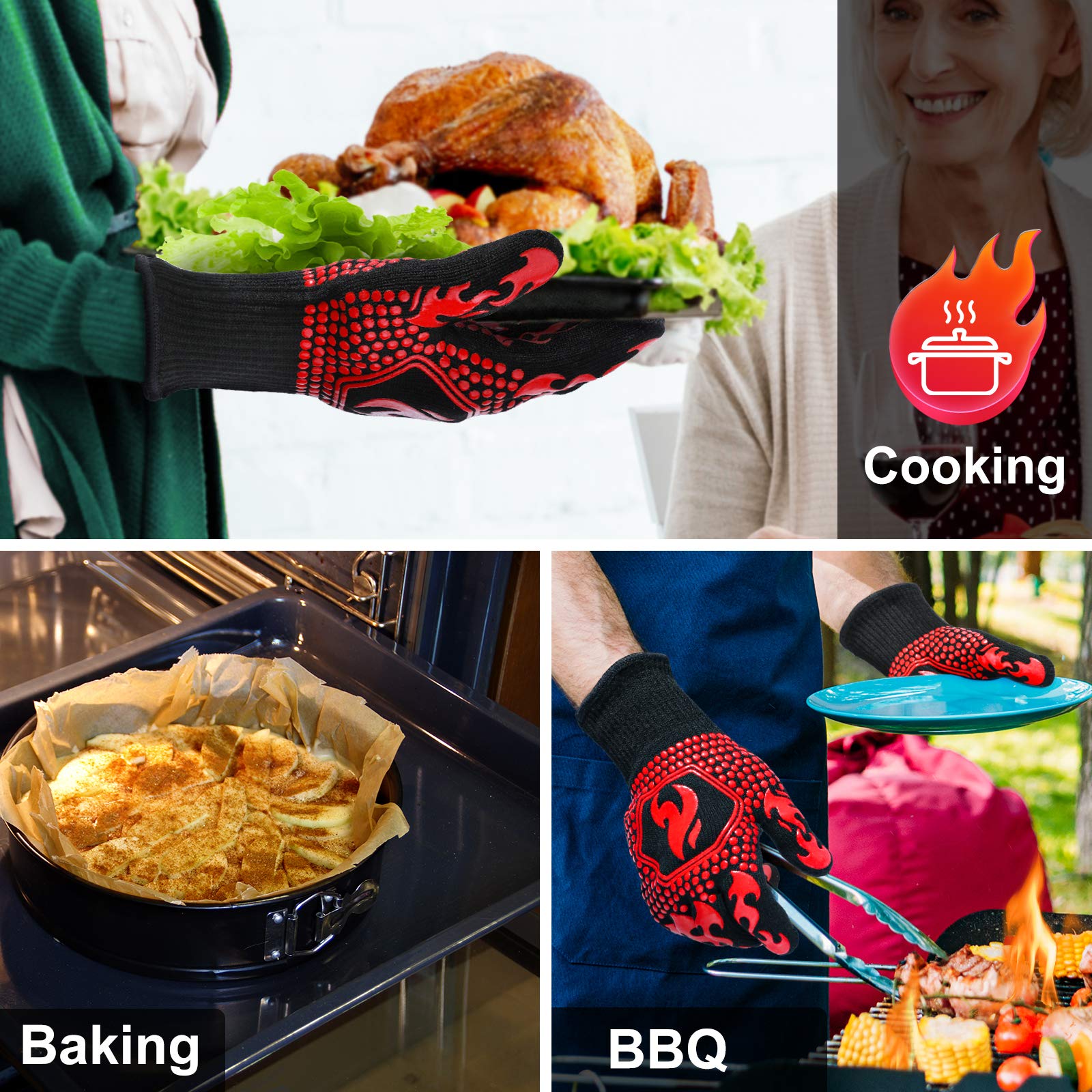 QUWIN BBQ Gloves red displayed on grill