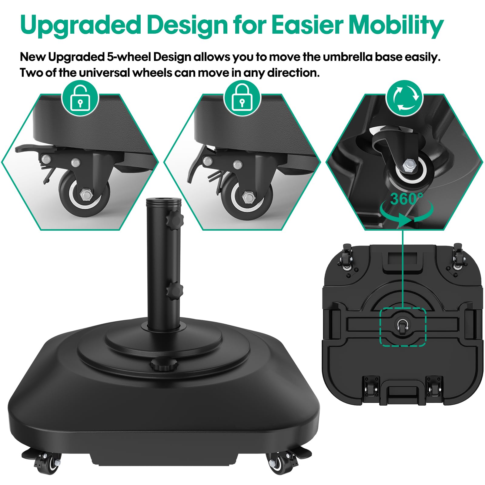 QZER Umbrella Base with Wheels, side view with umbrella