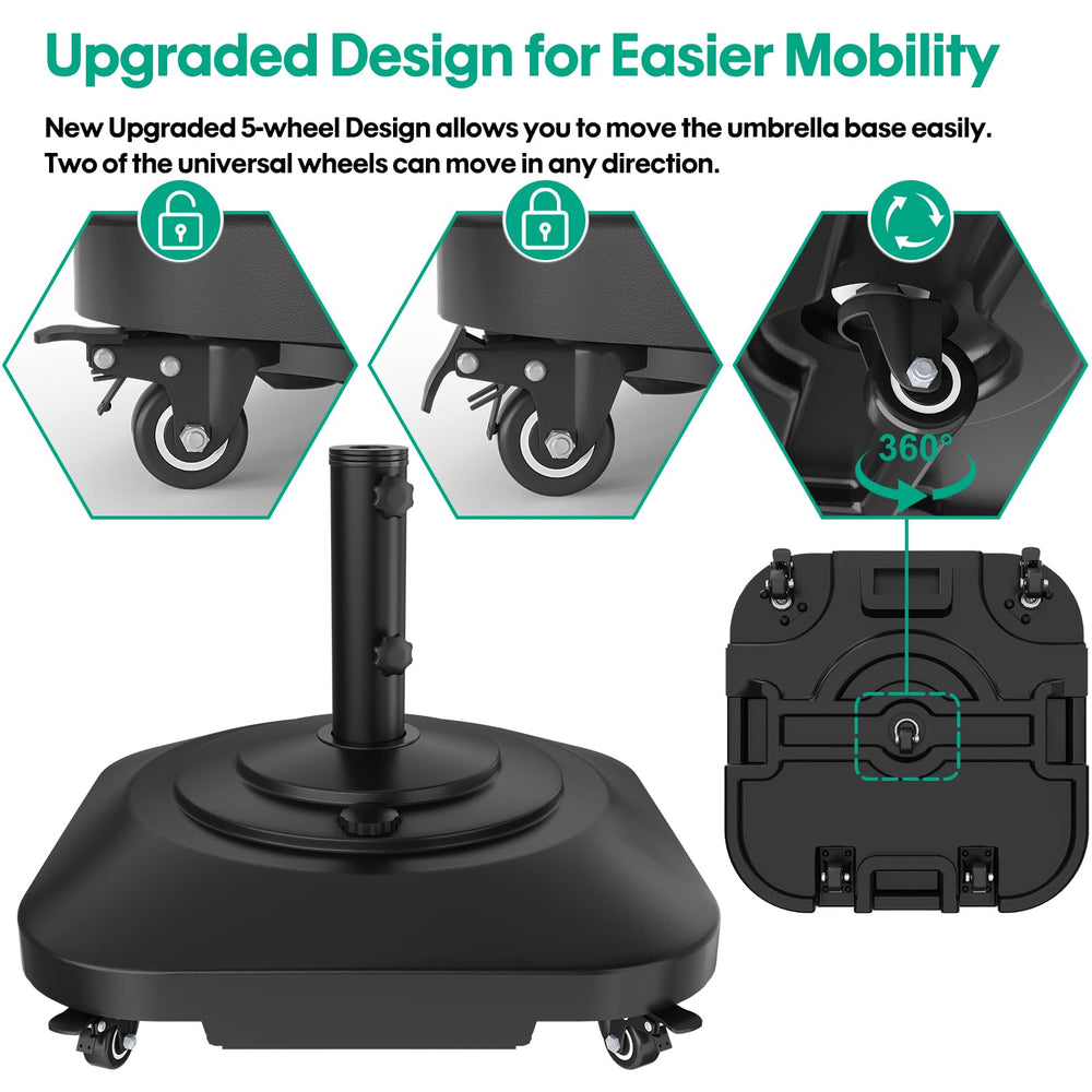 QZER Umbrella Base with Wheels, side view with umbrella