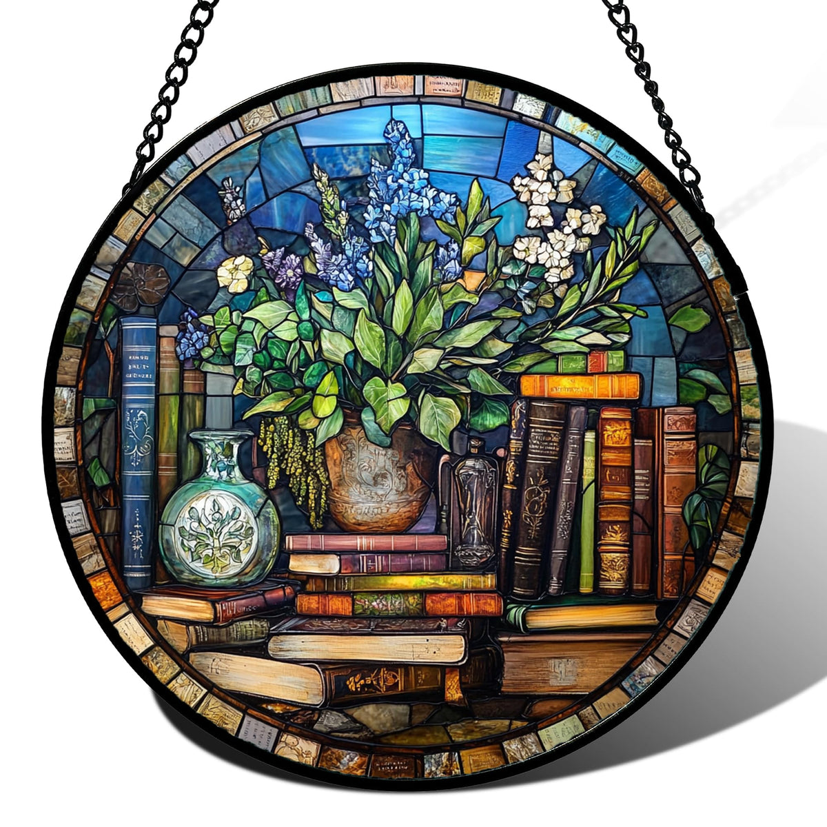 QZQCBLC 7.8-inch blue flower stained glass suncatcher front view