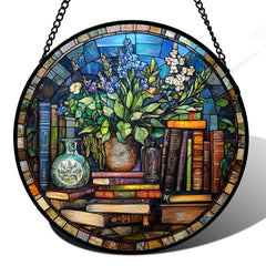 QZQCBLC 7.8-inch blue flower stained glass suncatcher front view
