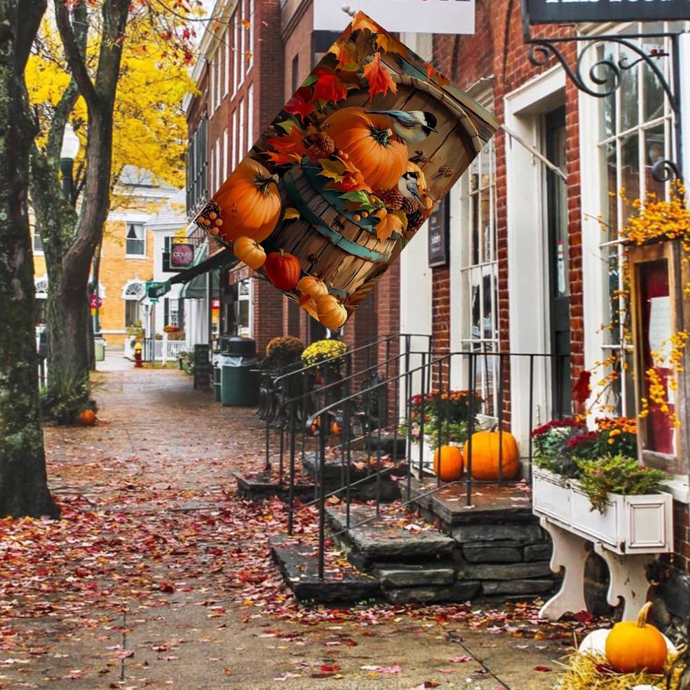RABUSOFA Fall House Flag 28x40 inch displayed on a flag pole outdoors