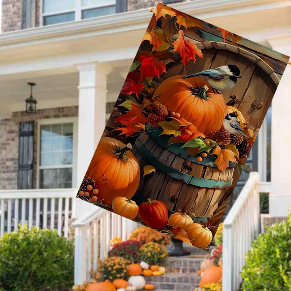 RABUSOFA Fall House Flag 28x40 inch next to garden flowers