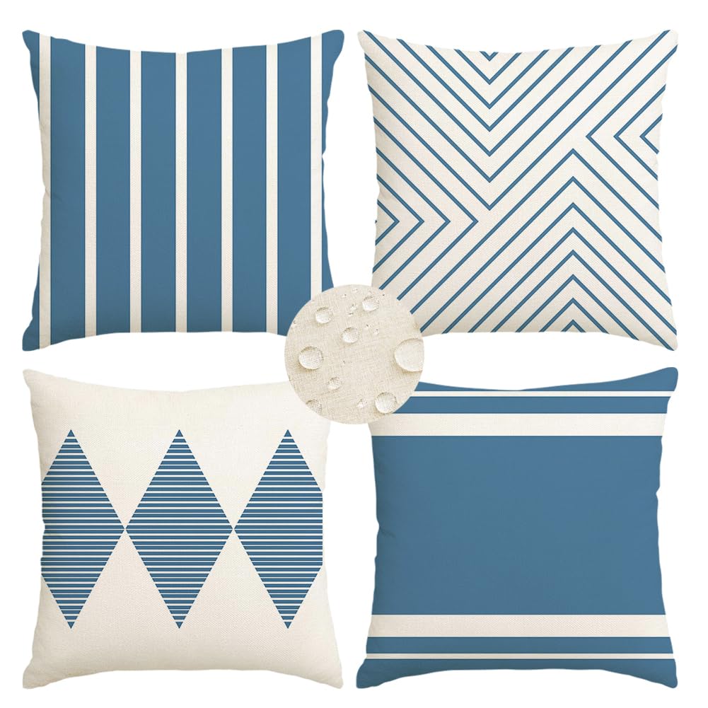 RABUSOFA Outdoor Pillow Covers 18x18 inch front view, blue and beige