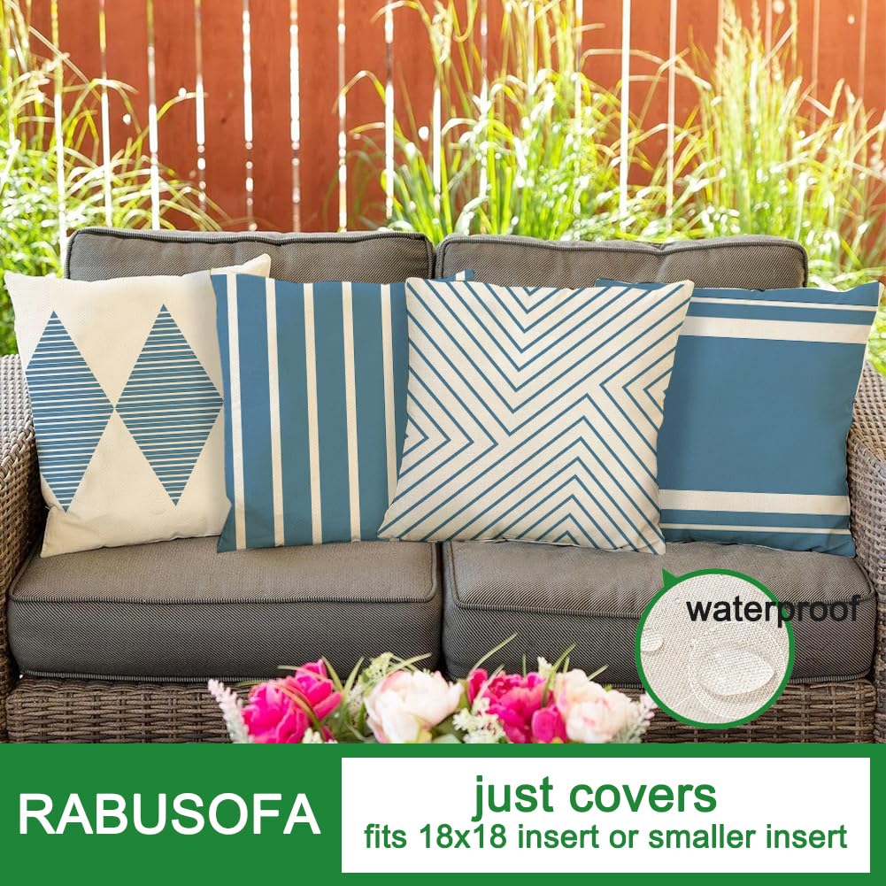 RABUSOFA Outdoor Pillow Covers laid flat showing blue and beige design