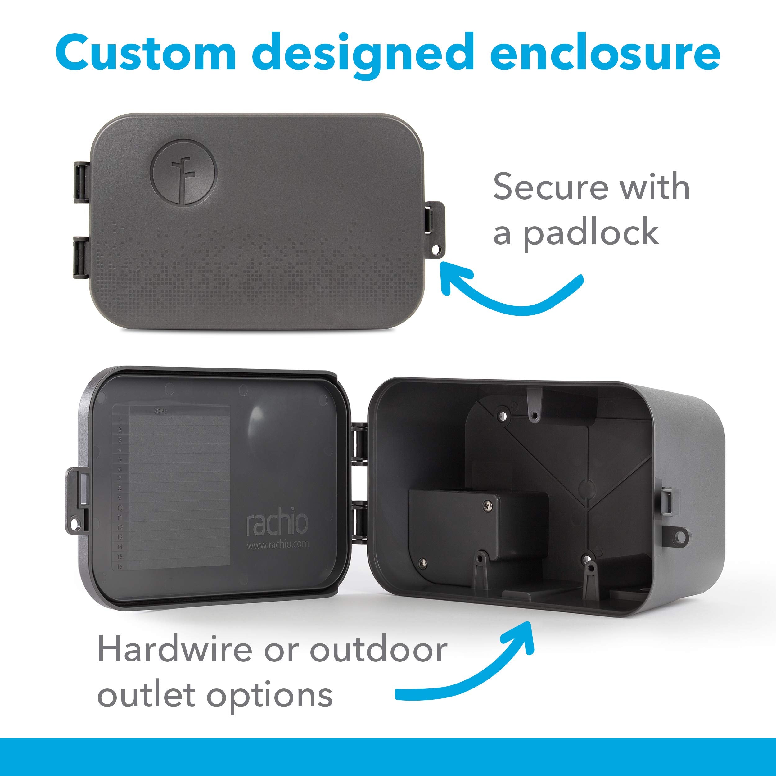 Rachio enclosure installed outdoors protecting sprinkler controller