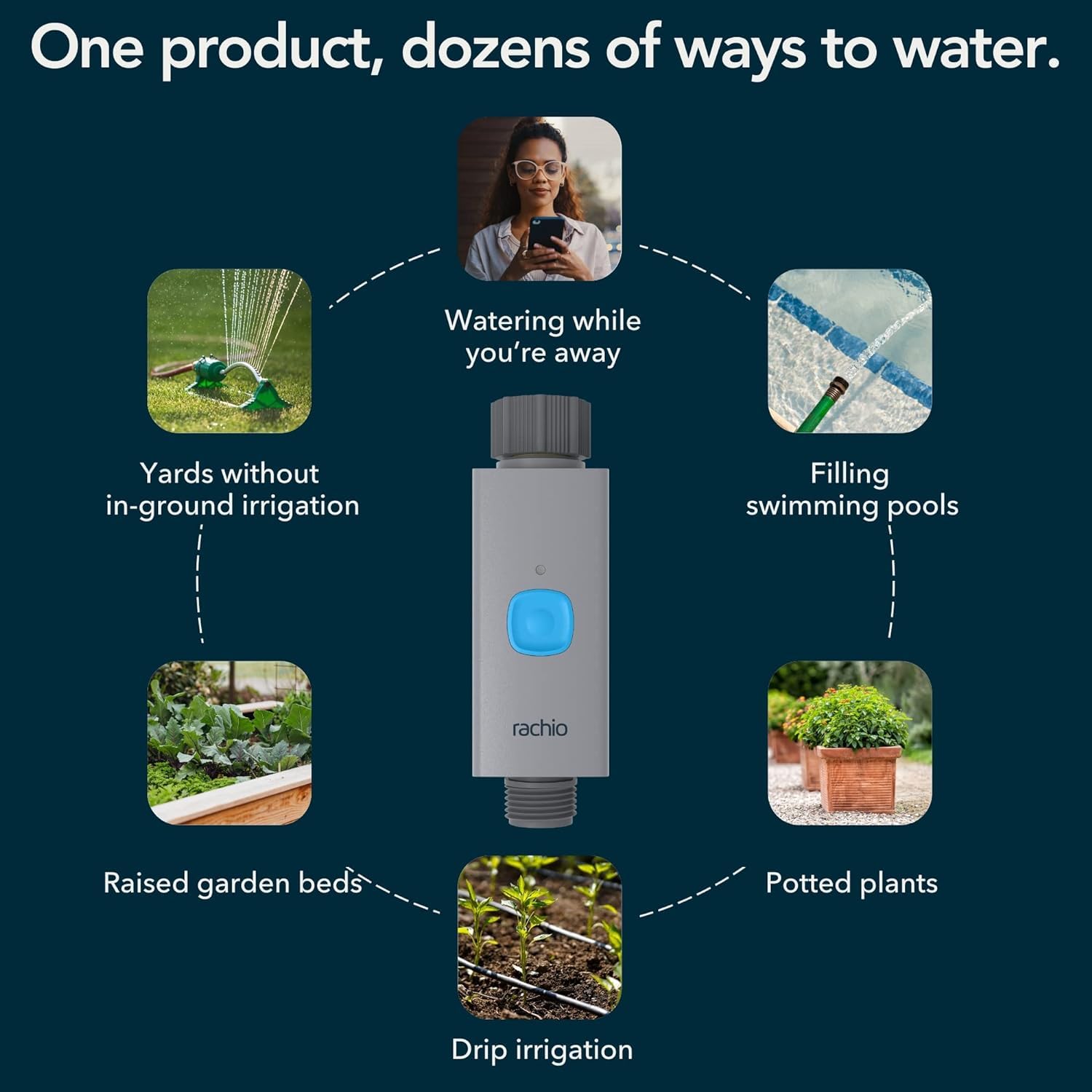 Rachio Smart Hose Timer showing built-in button for manual watering