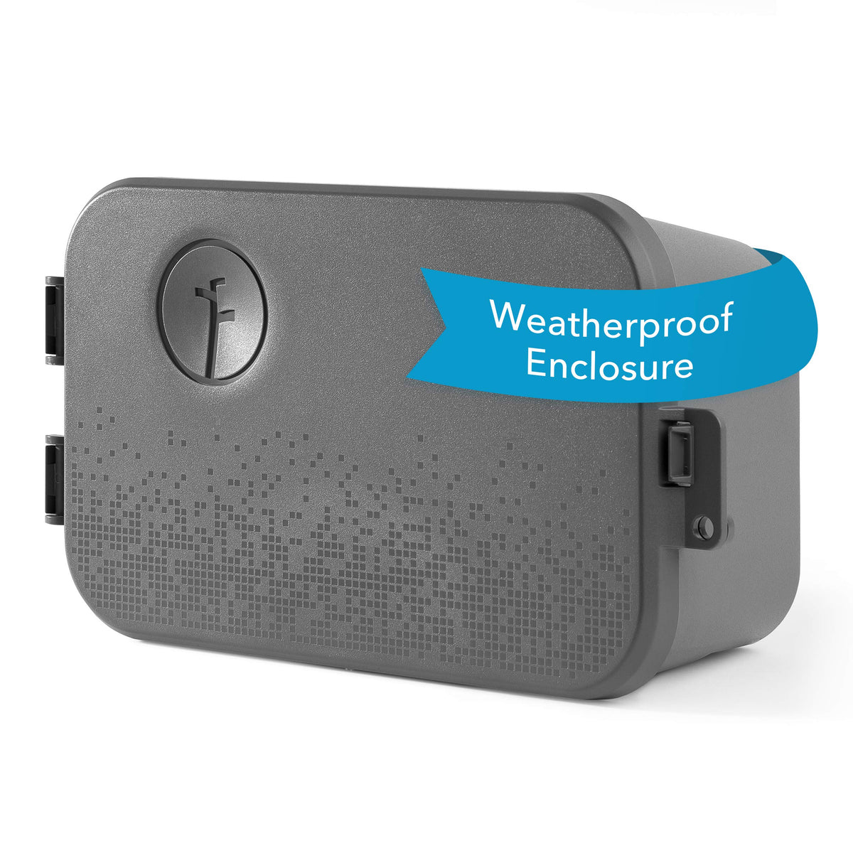Rachio Weatherproof Outdoor Enclosure front view, white resin