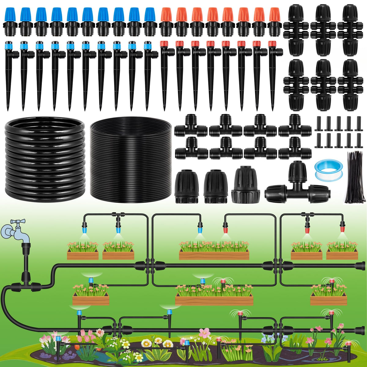Rafow 240FT Drip Irrigation System Kit with black tubing