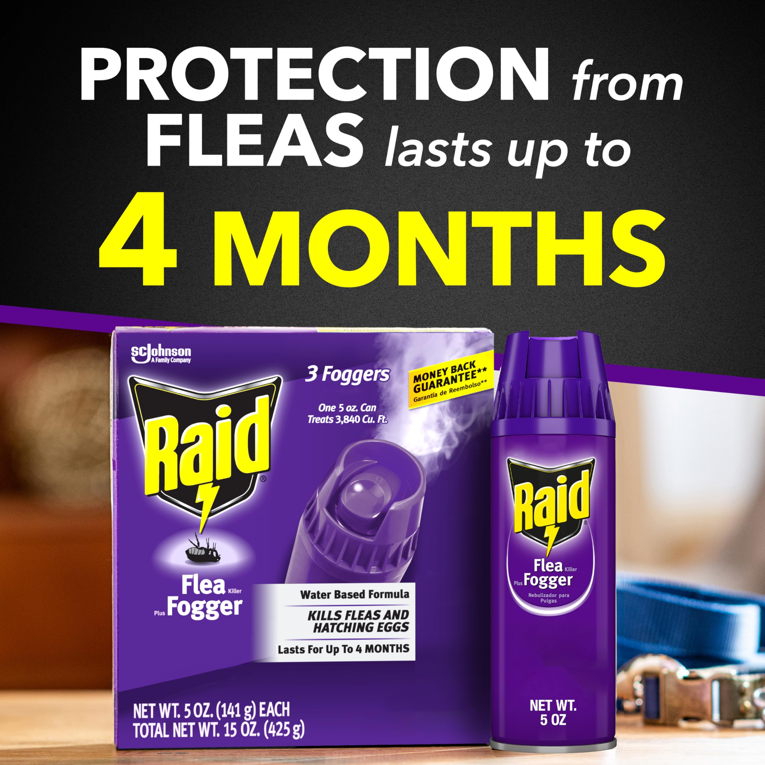 Raid Flea Fogger Plus Killer side view, detailed label