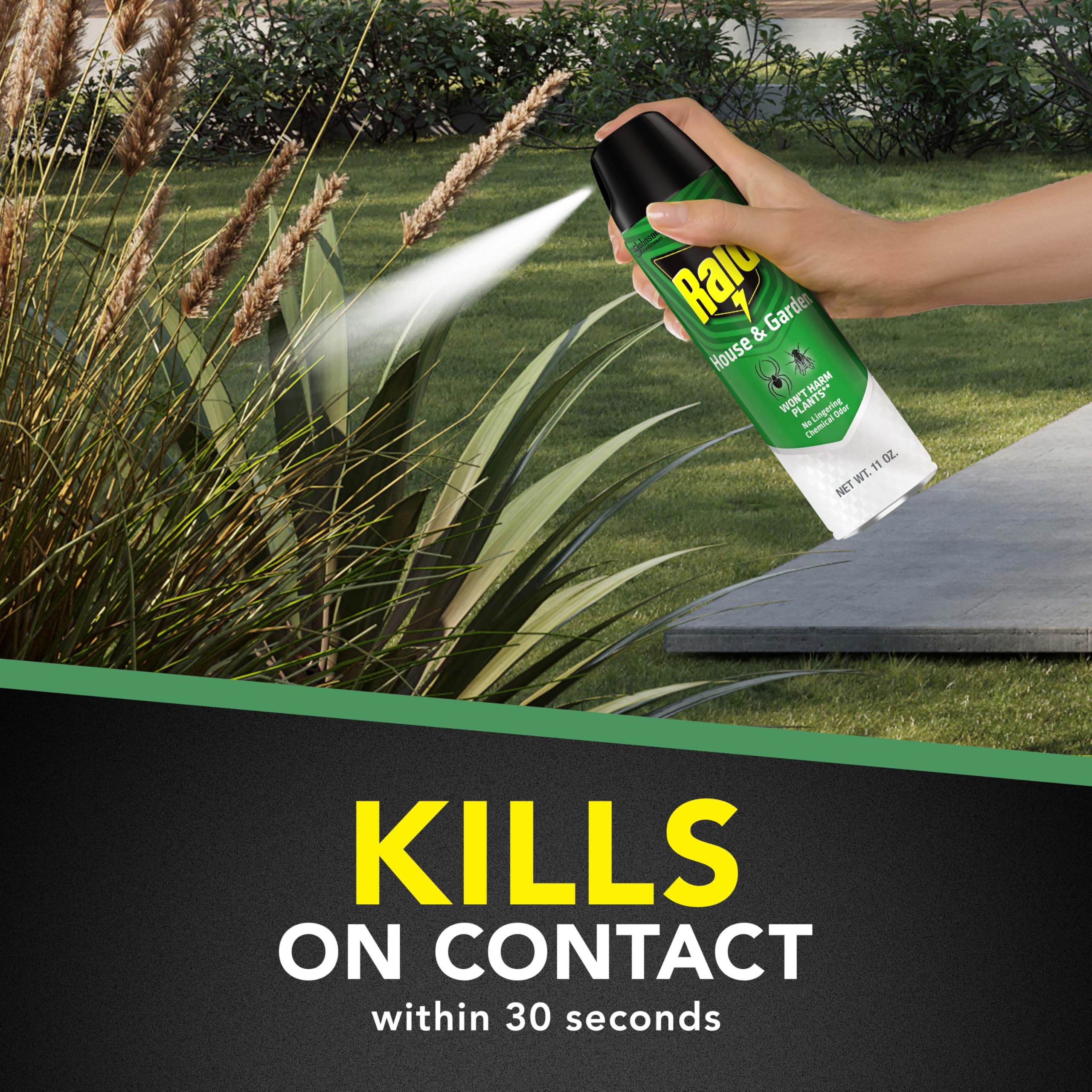 Raid House & Garden Bug Spray in a garden setting