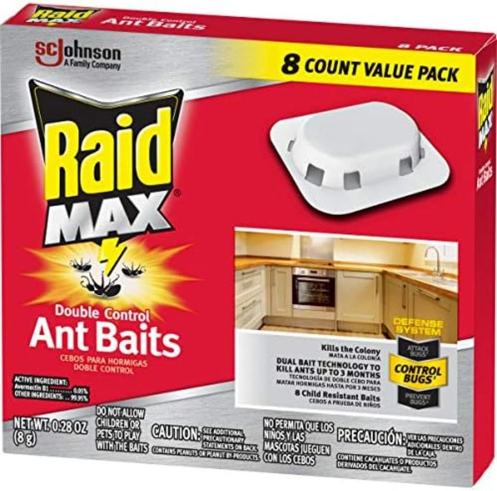 Raid Max Double Control Ant Baits displayed in a living area