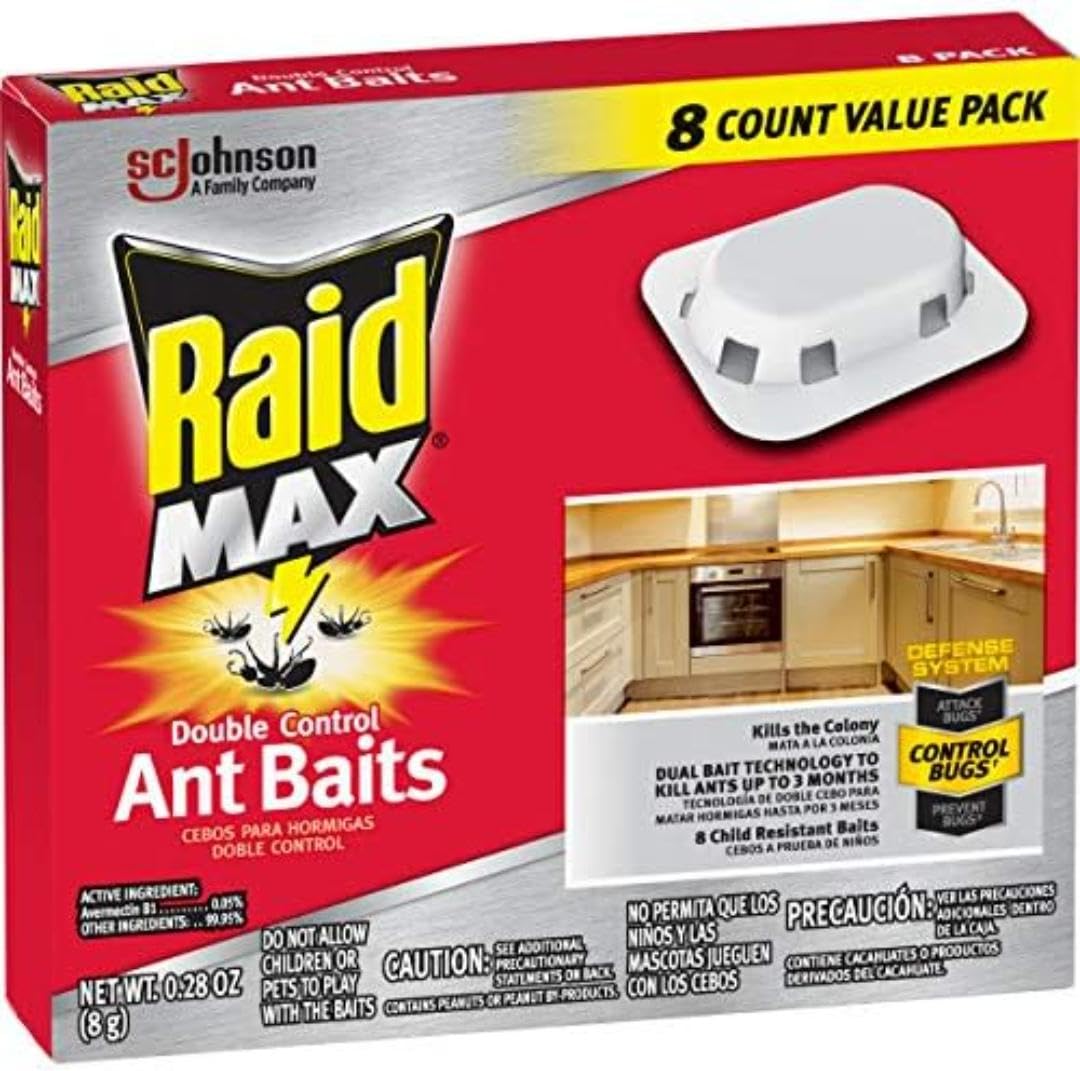 Raid Max Double Control Ant Baits on a kitchen counter