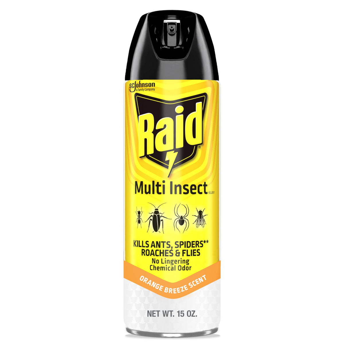 Raid Multi Insect Killer 15 oz can front view with orange breeze scent
