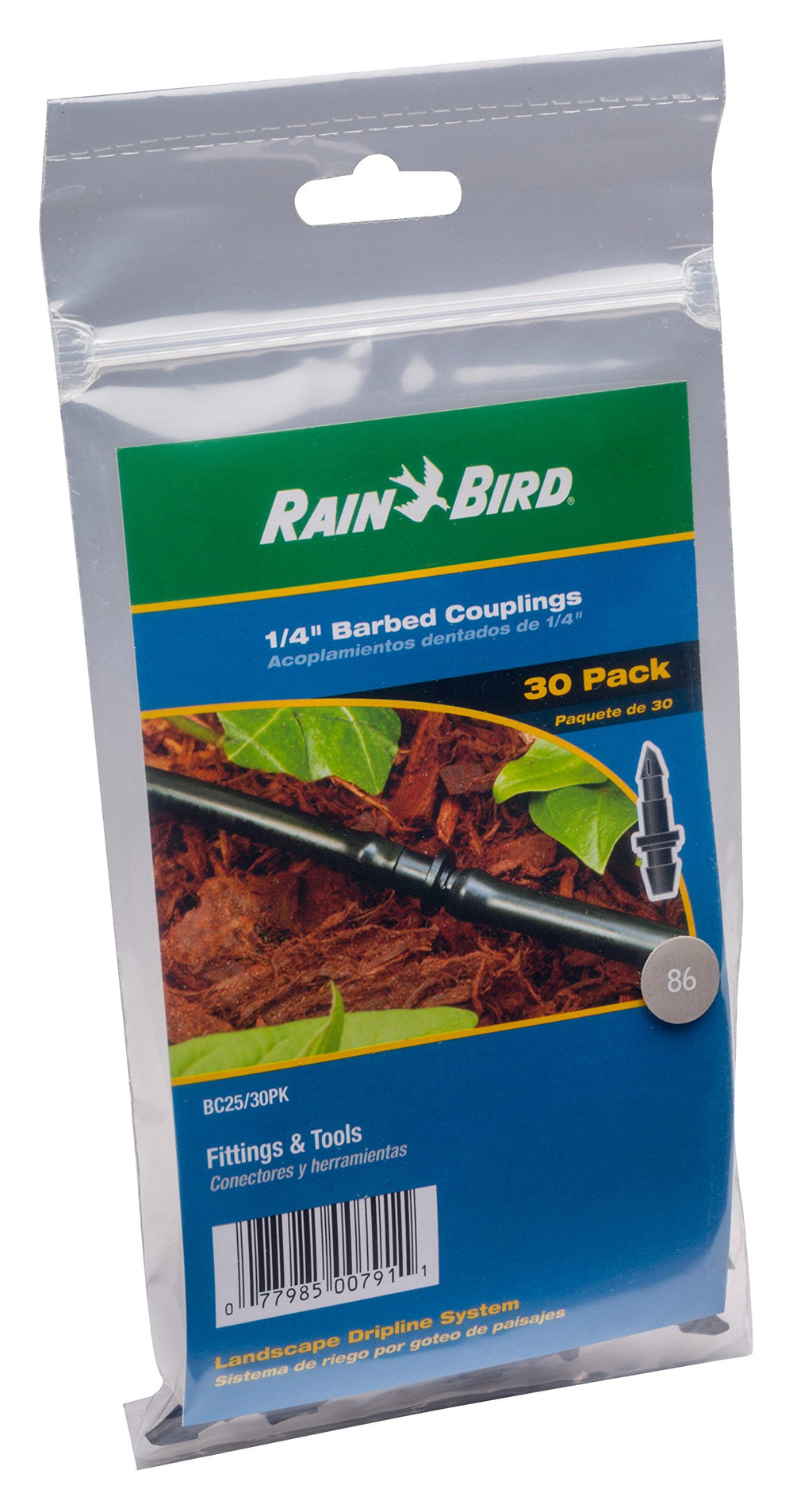 Rain Bird drip irrigation fittings installed in garden setting
