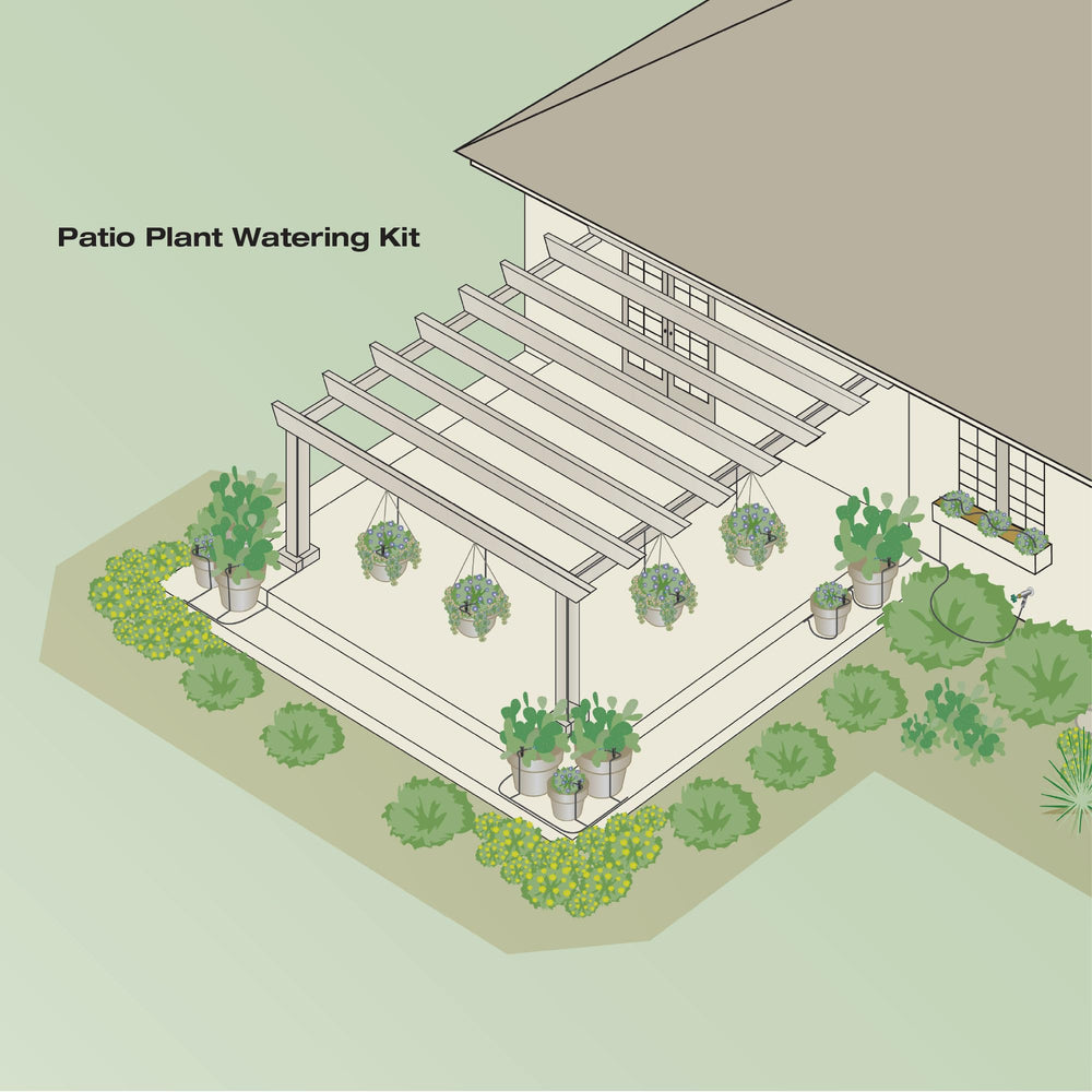Rain Bird drip irrigation system in use on outdoor planters