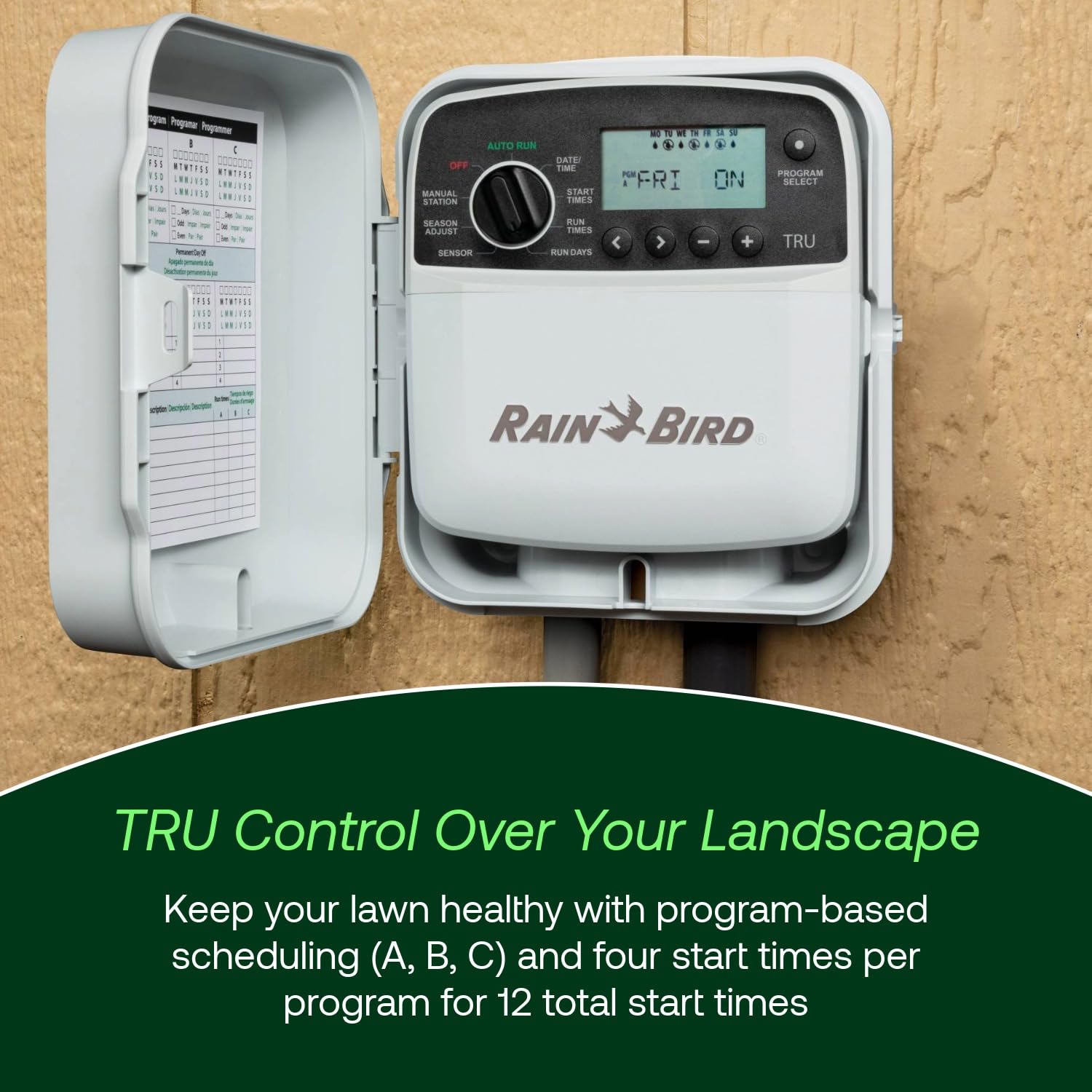 Rain Bird TRU8O irrigation controller in weatherproof case