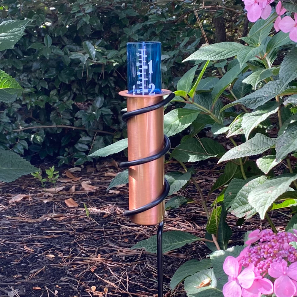 Rain gauge in a winter garden setting