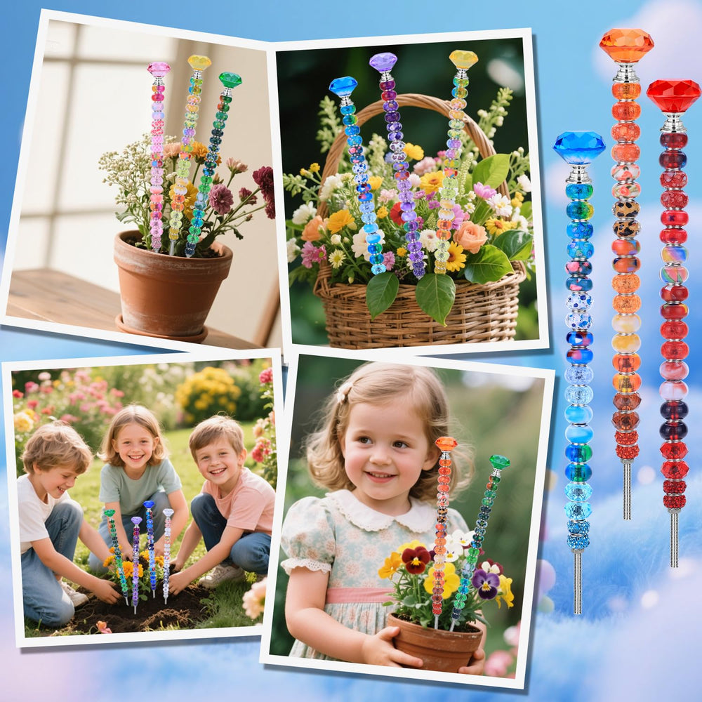 Rainbow crystal beaded fairy wand assembled in a garden setting