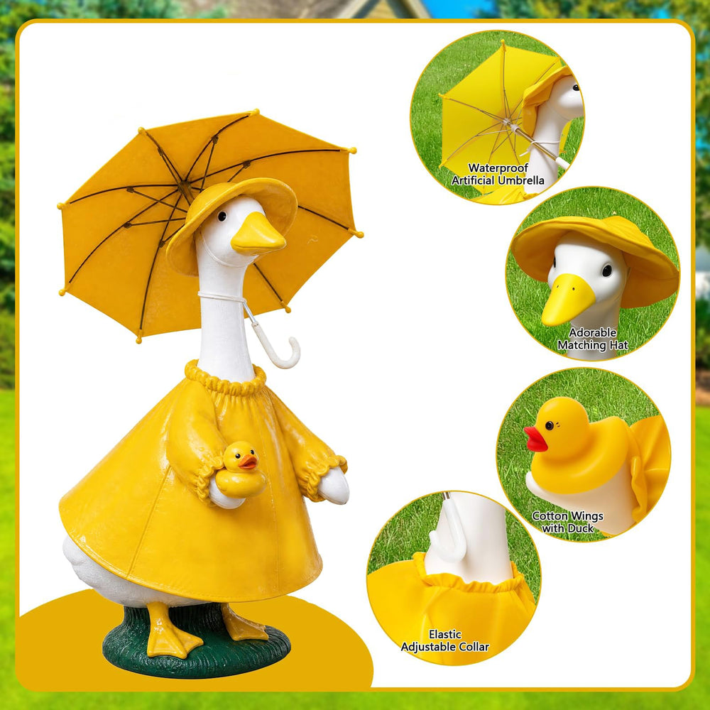 Raincoat on a goose statue in a garden setting