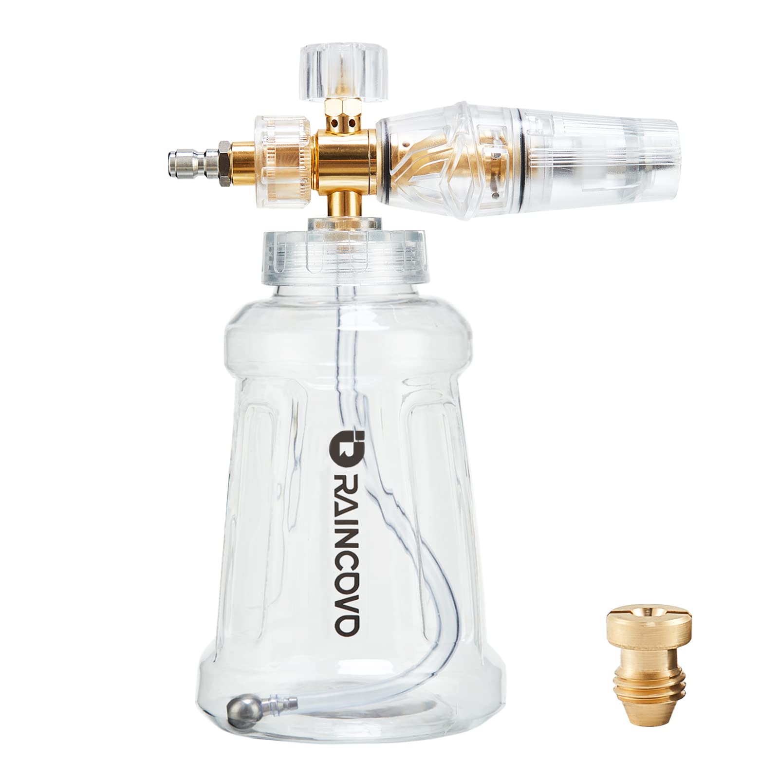Raincovo Foam Cannon clear bottle front view with adjustable nozzle