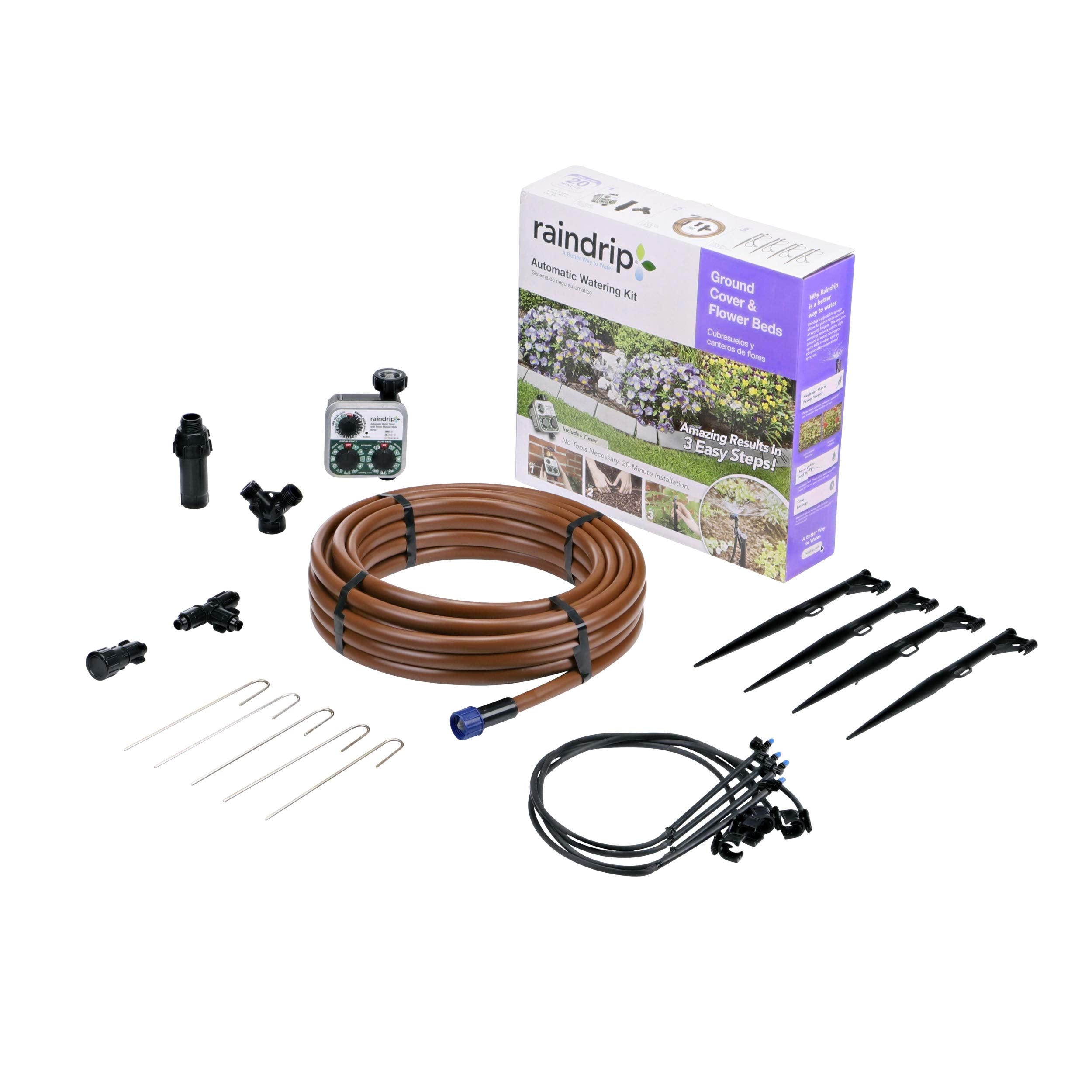 Raindrip Automatic Drip Irrigation Kit with Timer, black and brown components