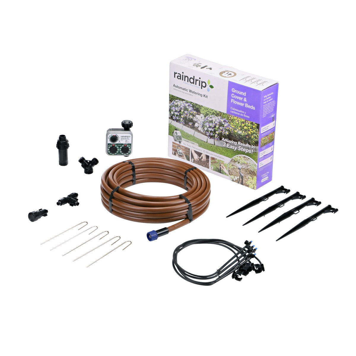 Raindrip Automatic Drip Irrigation Kit with Timer, black and brown components