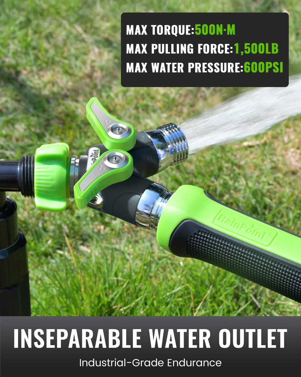 RAINPOINT 2 Way Garden Hose Splitter showing dual outlets