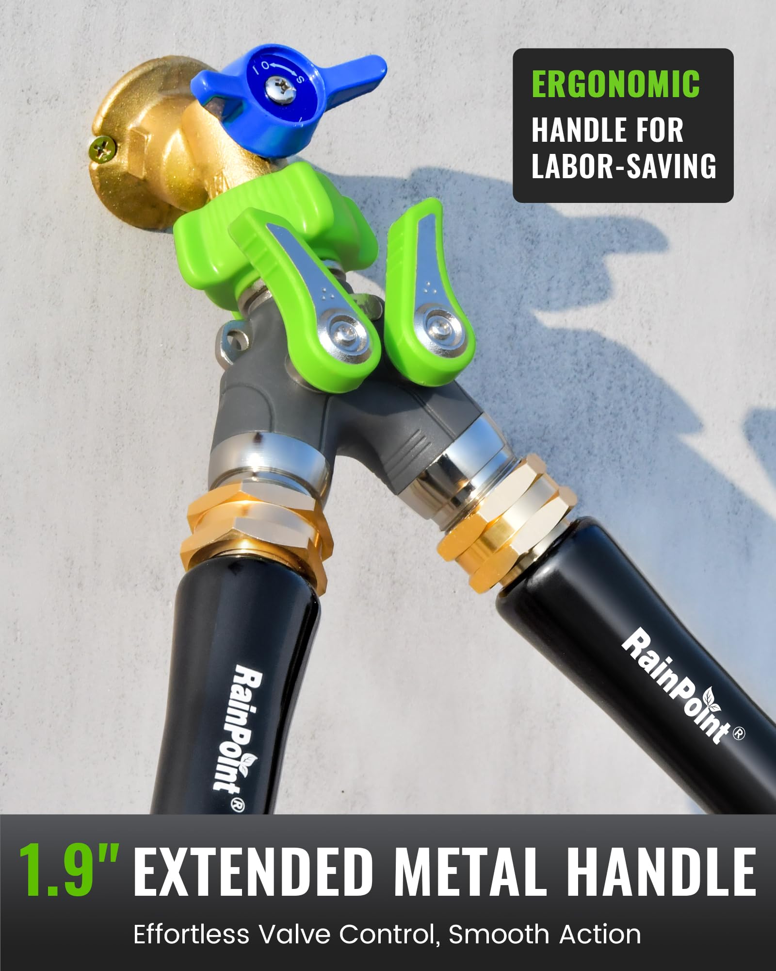 RAINPOINT 2 Way Garden Hose Splitter with hoses attached