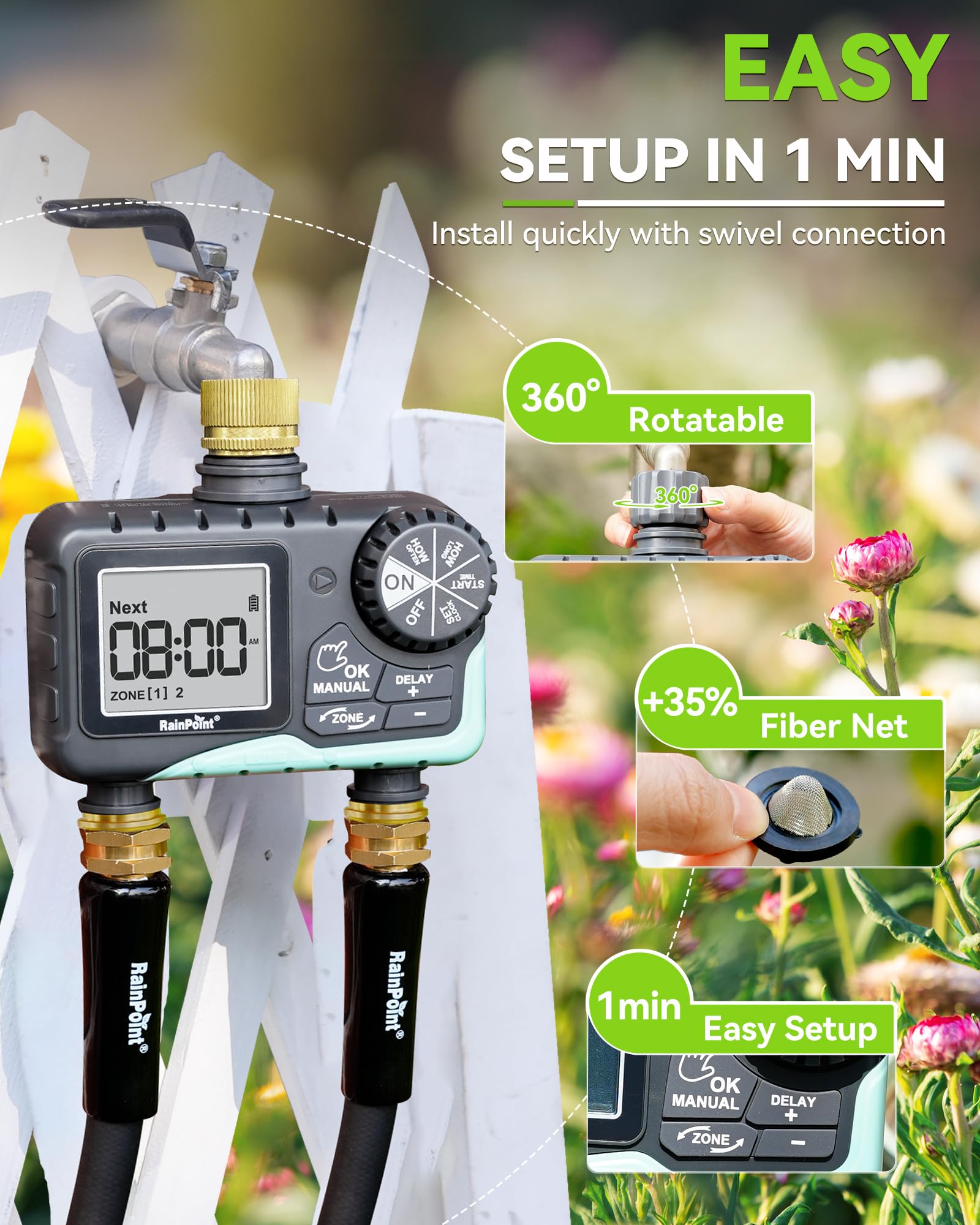 RAINPOINT 2 Zone Sprinkler Timer displayed with packaging