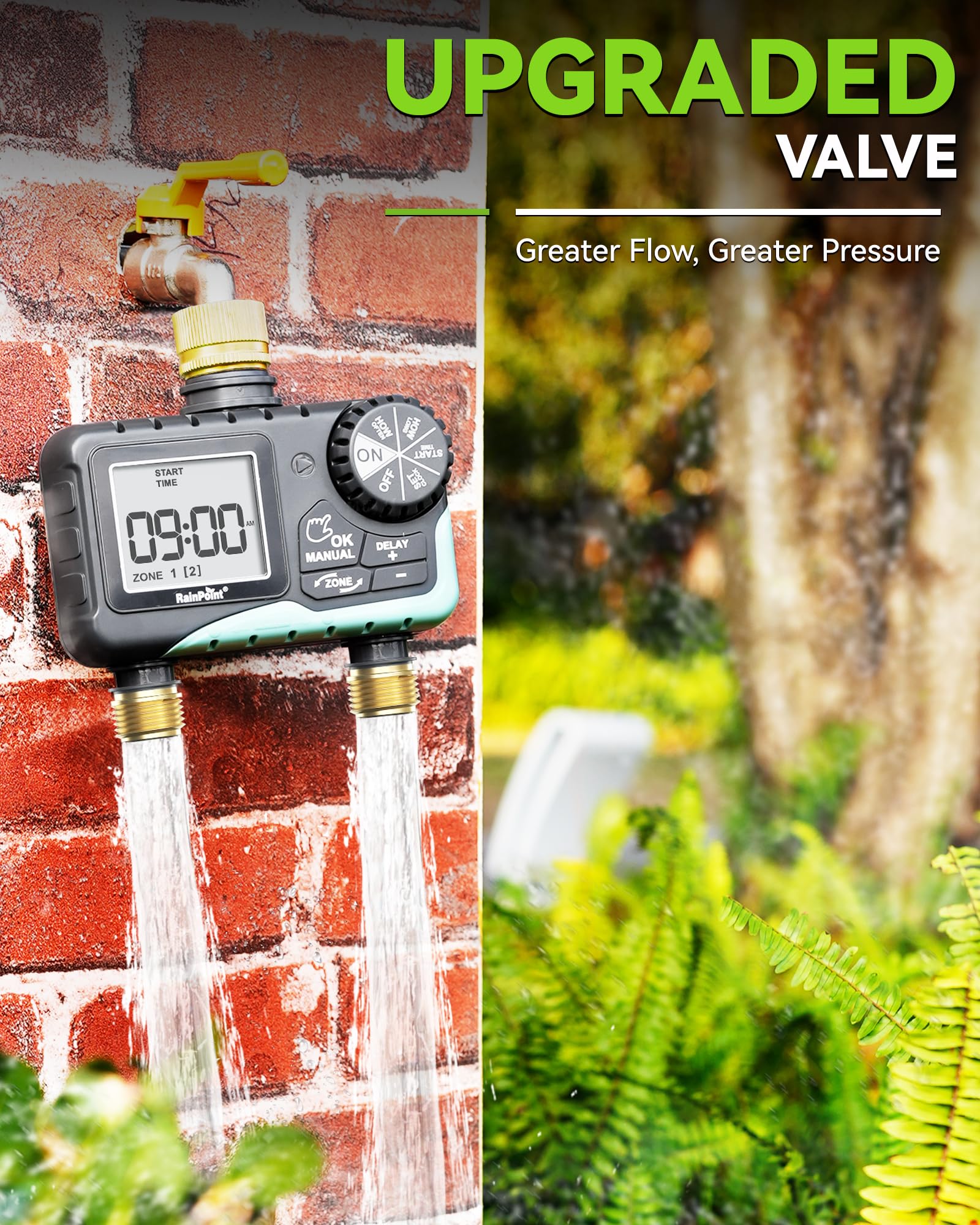 RAINPOINT 2 Zone Sprinkler Timer in use in a garden setting